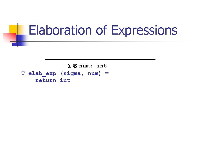 Elaboration of Expressions ∑ num: int T elab_exp (sigma, num) = return int 