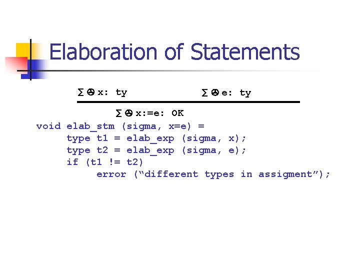 Elaboration of Statements ∑ x: ty ∑ e: ty ∑ x: =e: OK void