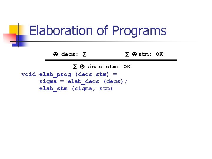 Elaboration of Programs decs: ∑ ∑ stm: OK ∑ decs stm: OK void elab_prog