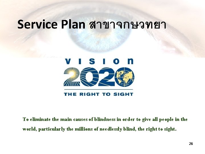 Service Plan สาขาจกษวทยา To eliminate the main causes of blindness in order to give