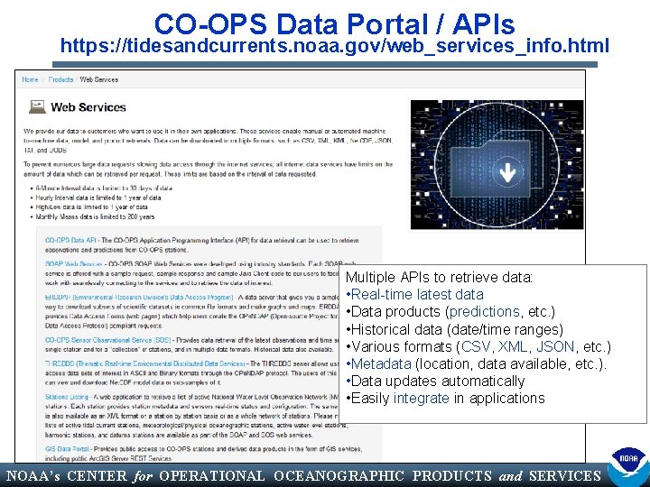 CO-OPS Data Portal / APIs https: //tidesandcurrents. noaa. gov/web_services_info. html Multiple APIs to retrieve