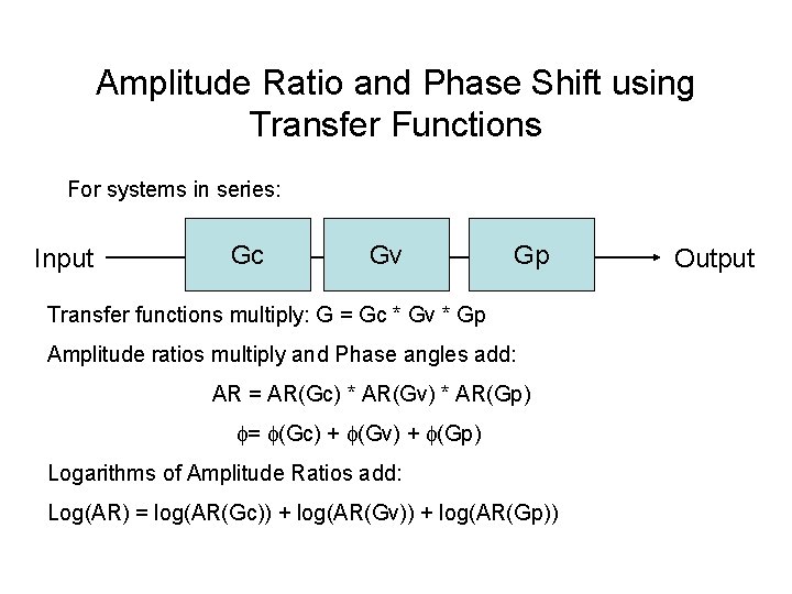 Amplitude Ratio and Phase Shift using Transfer Functions For systems in series: Input Gc