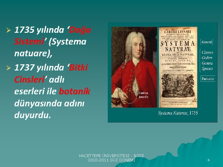 1735 yılında ‘Doğa Sistemi’ (Systema natuare), Ø 1737 yılında ‘Bitki Cinsleri’ adlı eserleri ile