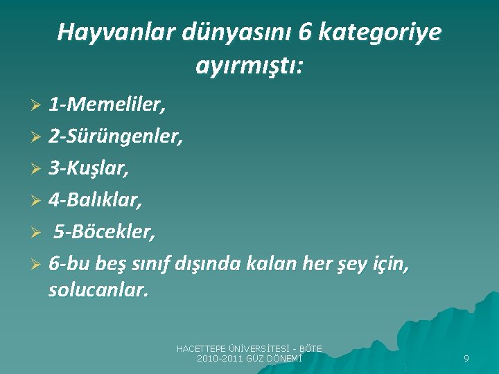 Hayvanlar dünyasını 6 kategoriye ayırmıştı: 1 -Memeliler, Ø 2 -Sürüngenler, Ø 3 -Kuşlar, Ø