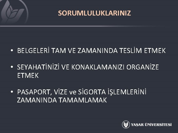 SORUMLULUKLARINIZ • BELGELERİ TAM VE ZAMANINDA TESLİM ETMEK • SEYAHATİNİZİ VE KONAKLAMANIZI ORGANİZE ETMEK