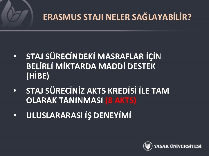 ERASMUS STAJI NELER SAĞLAYABİLİR? • STAJ SÜRECİNDEKİ MASRAFLAR İÇİN BELİRLİ MİKTARDA MADDİ DESTEK (HİBE)