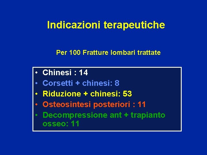 Indicazioni terapeutiche Per 100 Fratture lombari trattate • • • Chinesi : 14 Corsetti