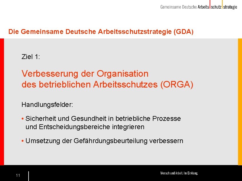 Die Gemeinsame Deutsche Arbeitsschutzstrategie (GDA) Ziel 1: Verbesserung der Organisation des betrieblichen Arbeitsschutzes (ORGA)