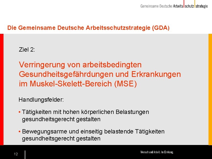 Die Gemeinsame Deutsche Arbeitsschutzstrategie (GDA) Ziel 2: Verringerung von arbeitsbedingten Gesundheitsgefährdungen und Erkrankungen im
