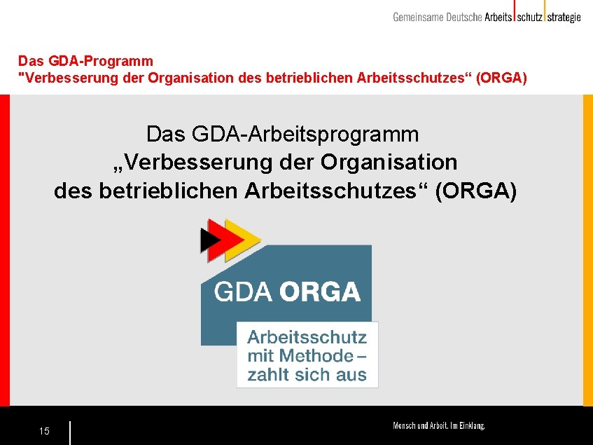 Das GDA-Programm "Verbesserung der Organisation des betrieblichen Arbeitsschutzes“ (ORGA) Das GDA-Arbeitsprogramm „Verbesserung der Organisation