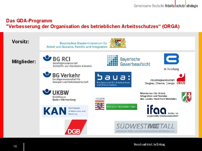 Das GDA-Programm "Verbesserung der Organisation des betrieblichen Arbeitsschutzes“ (ORGA) Vorsitz: Mitglieder: 16 