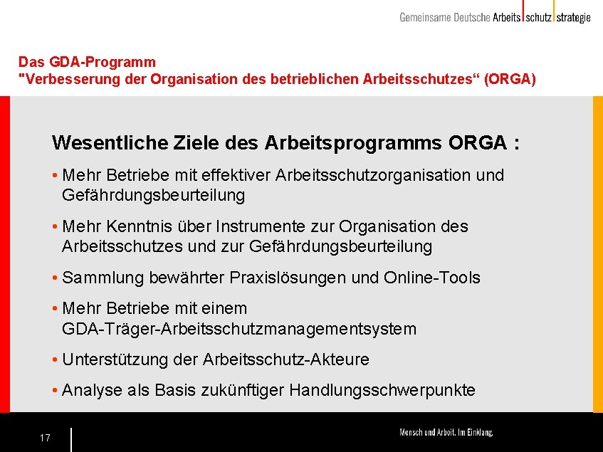 Das GDA-Programm "Verbesserung der Organisation des betrieblichen Arbeitsschutzes“ (ORGA) Wesentliche Ziele des Arbeitsprogramms ORGA