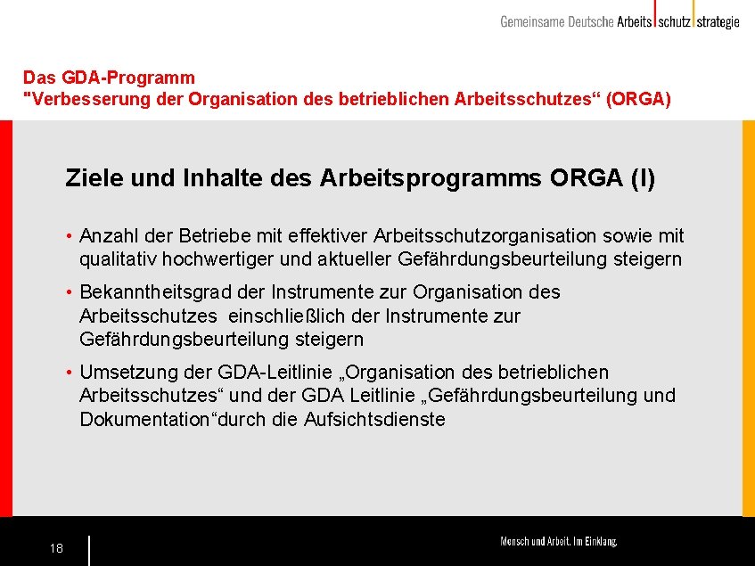 Das GDA-Programm "Verbesserung der Organisation des betrieblichen Arbeitsschutzes“ (ORGA) Ziele und Inhalte des Arbeitsprogramms