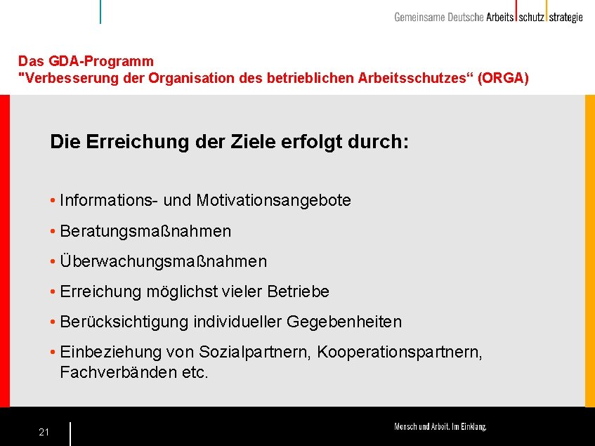 Das GDA-Programm "Verbesserung der Organisation des betrieblichen Arbeitsschutzes“ (ORGA) Die Erreichung der Ziele erfolgt