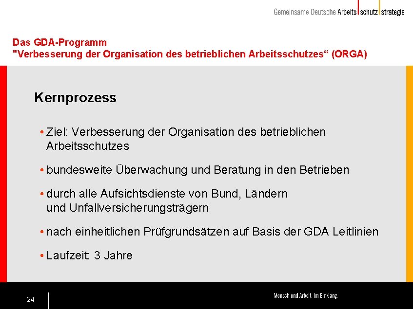 Das GDA-Programm "Verbesserung der Organisation des betrieblichen Arbeitsschutzes“ (ORGA) Kernprozess • Ziel: Verbesserung der