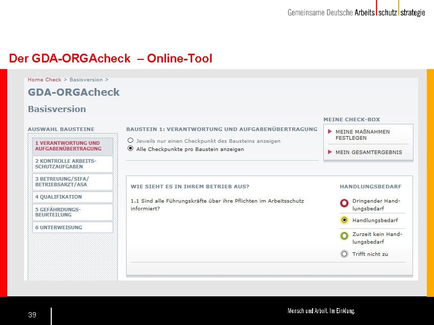 Der GDA-ORGAcheck – Online-Tool 39 