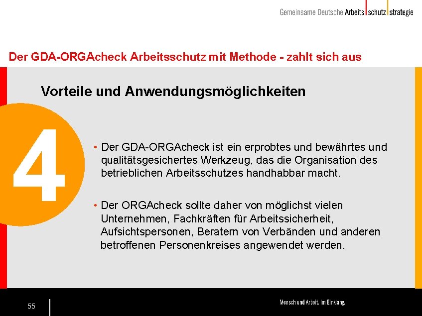 Der GDA-ORGAcheck Arbeitsschutz mit Methode - zahlt sich aus Vorteile und Anwendungsmöglichkeiten 4 55