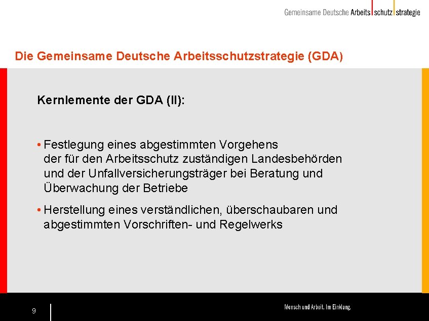 Die Gemeinsame Deutsche Arbeitsschutzstrategie (GDA) Kernlemente der GDA (II): • Festlegung eines abgestimmten Vorgehens