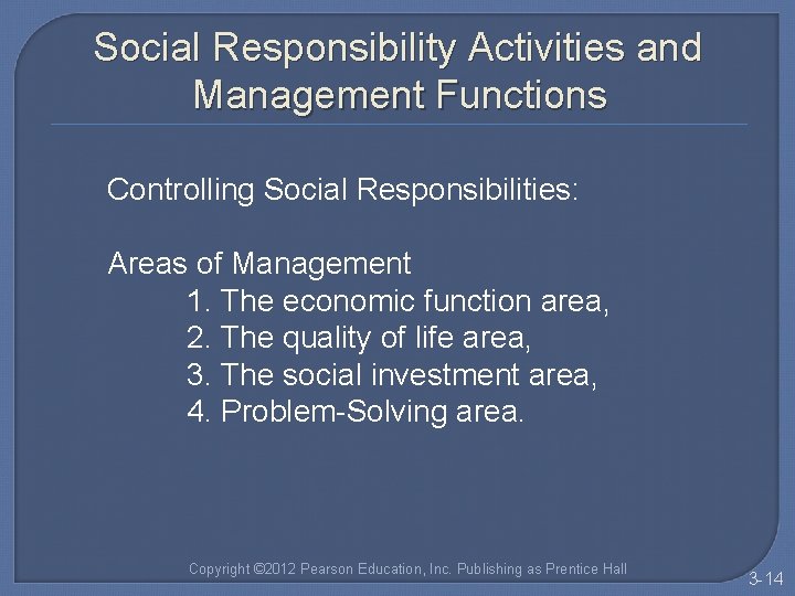 Social Responsibility Activities and Management Functions Controlling Social Responsibilities: Areas of Management 1. The