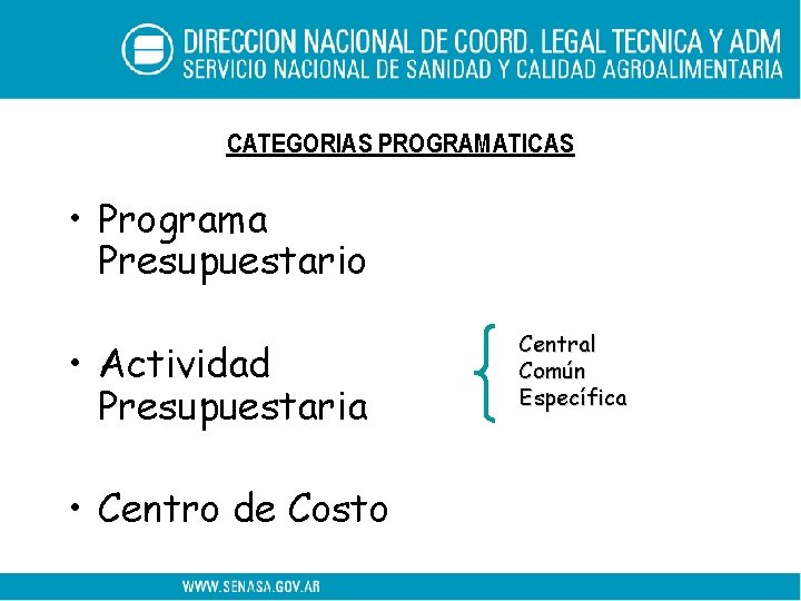 CATEGORIAS PROGRAMATICAS • Programa Presupuestario • Actividad Presupuestaria • Centro de Costo Central Común