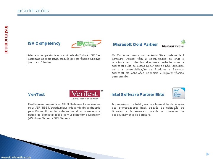 � Certificações Institucional ISV Competency Microsoft Gold Partner Atesta a competência e maturidade da