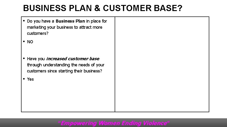 BUSINESS PLAN & CUSTOMER BASE? • Do you have a Business Plan in place