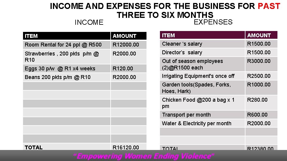 INCOME AND EXPENSES FOR THE BUSINESS FOR PAST THREE TO SIX MONTHS EXPENSES INCOME