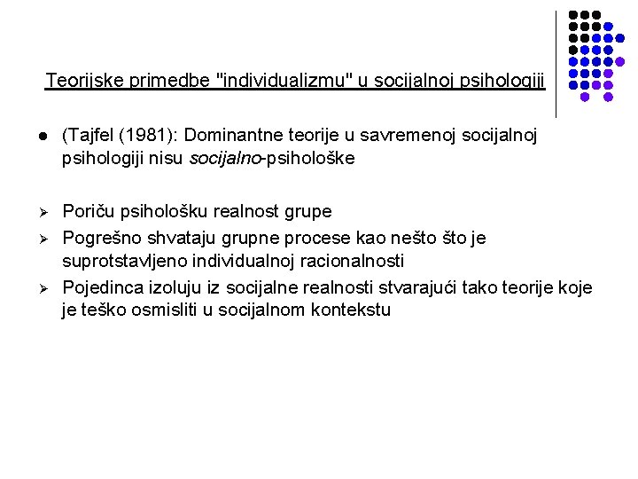 Teorijske primedbe "individualizmu" u socijalnoj psihologiji l (Tajfel (1981): Dominantne teorije u savremenoj socijalnoj