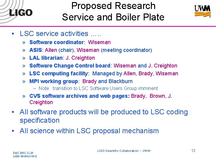 Proposed Research Service and Boiler Plate • LSC service activities …. . » »