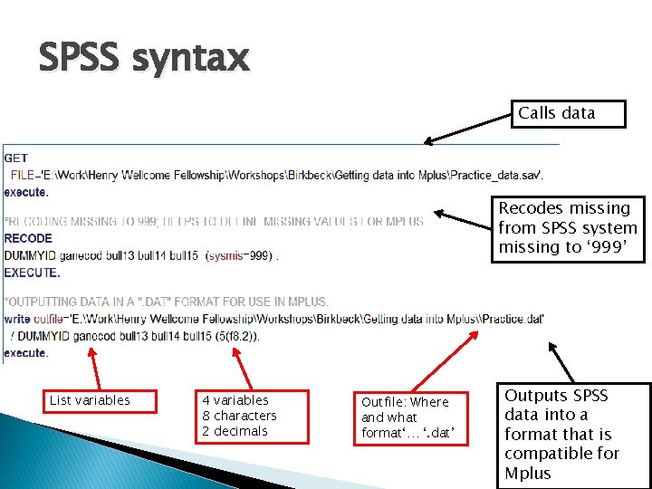 SPSS syntax Calls data Recodes missing from SPSS system missing to ‘ 999’ List