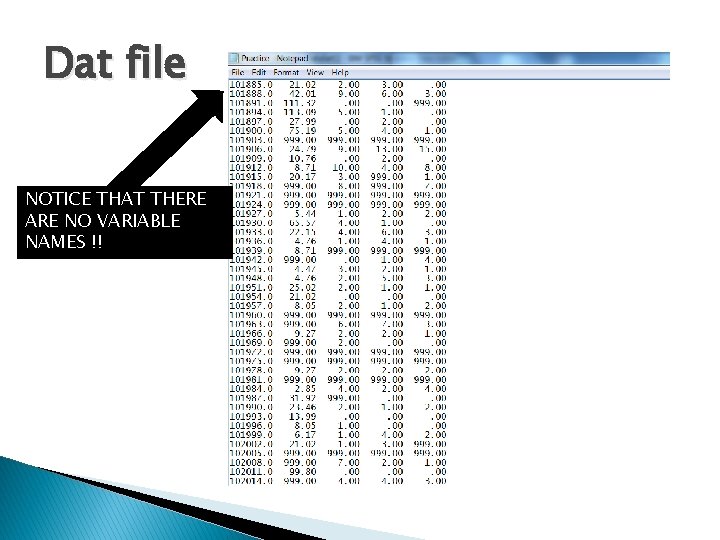 Dat file NOTICE THAT THERE ARE NO VARIABLE NAMES !! 