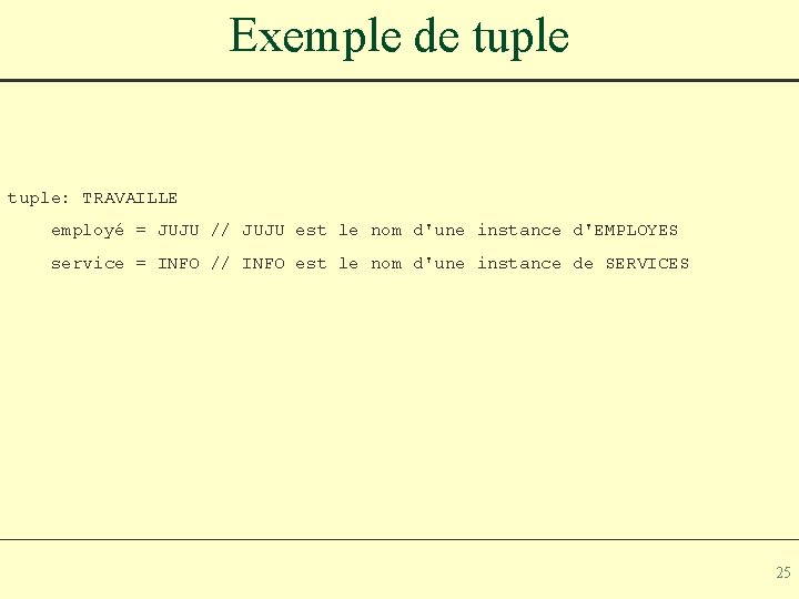 Exemple de tuple: TRAVAILLE employé = JUJU // JUJU est le nom d'une instance