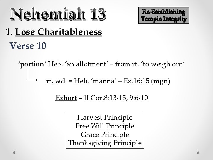 Nehemiah 13 Re-Establishing Temple Integrity 1. Lose Charitableness Verse 10 ‘portion’ Heb. ‘an allotment’