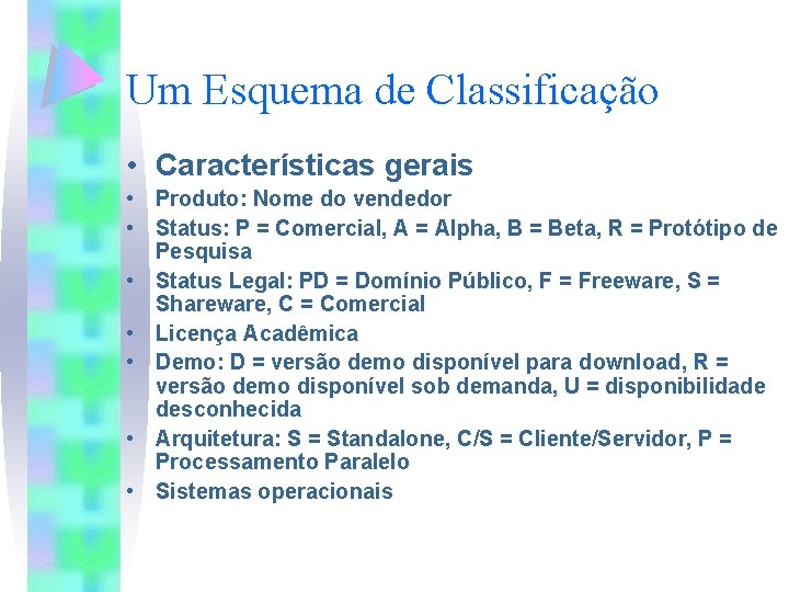 Um Esquema de Classificação • Características gerais • Produto: Nome do vendedor • Status: