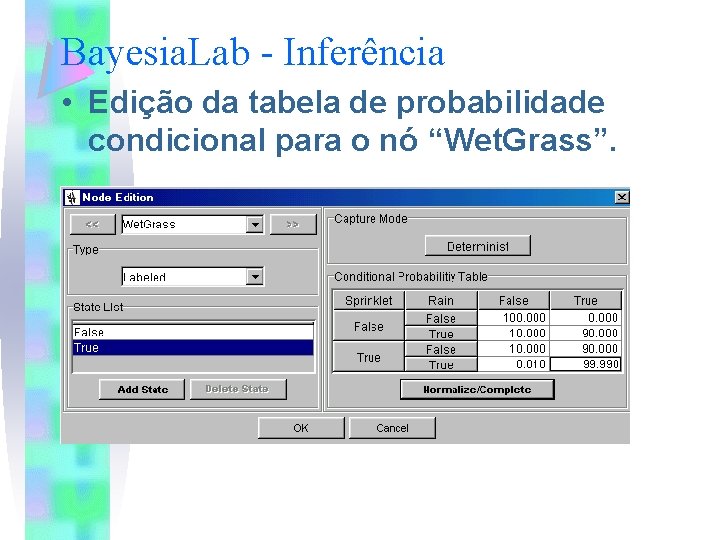 Bayesia. Lab - Inferência • Edição da tabela de probabilidade condicional para o nó