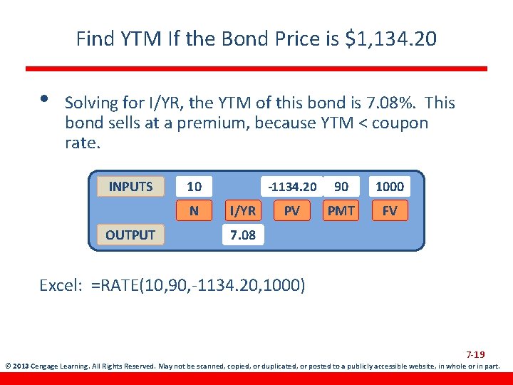 Find YTM If the Bond Price is $1, 134. 20 • Solving for I/YR,