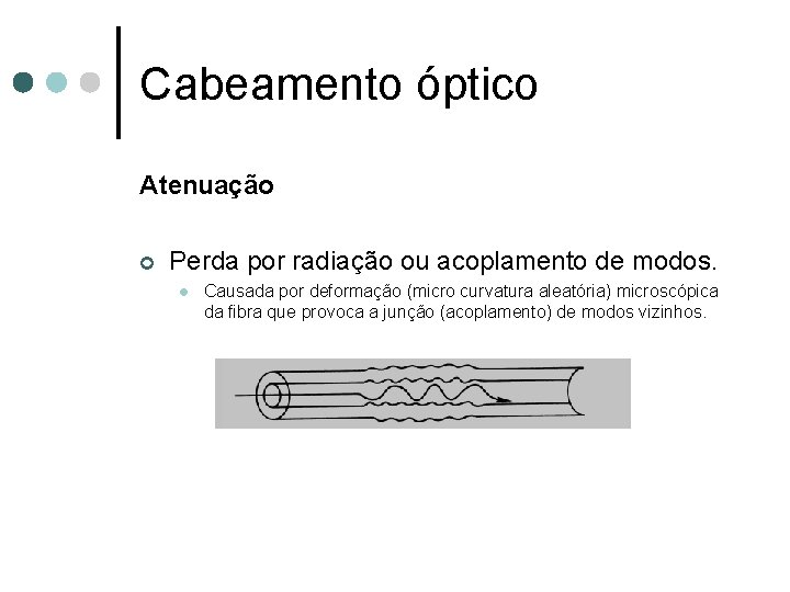 Cabeamento óptico Atenuação ¢ Perda por radiação ou acoplamento de modos. l Causada por