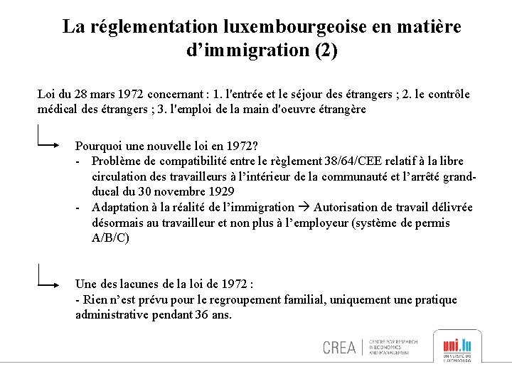 La réglementation luxembourgeoise en matière d’immigration (2) Loi du 28 mars 1972 concernant :