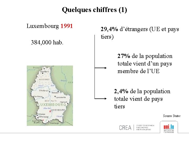 Quelques chiffres (1) Luxembourg 1991 384, 000 hab. 29, 4% d’étrangers (UE et pays