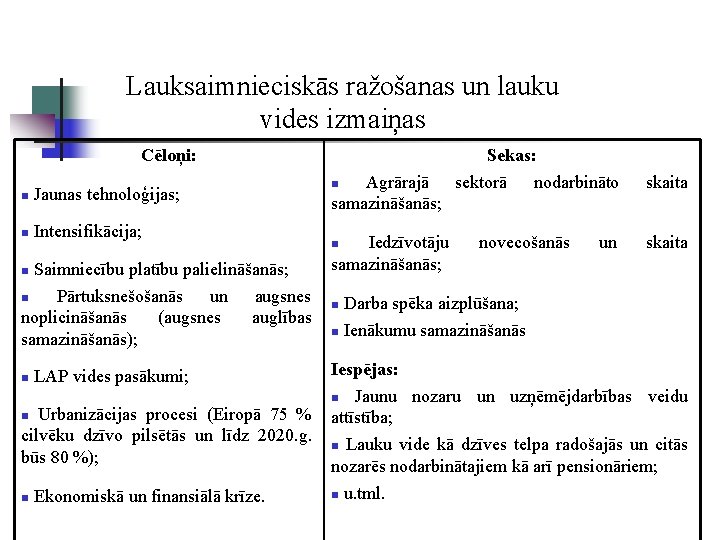 Lauksaimnieciskās ražošanas un lauku vides izmaiņas Cēloņi: Sekas: n Agrārajā sektorā samazināšanās; n Jaunas