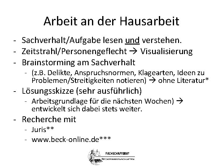 Arbeit an der Hausarbeit - Sachverhalt/Aufgabe lesen und verstehen. - Zeitstrahl/Personengeflecht Visualisierung - Brainstorming