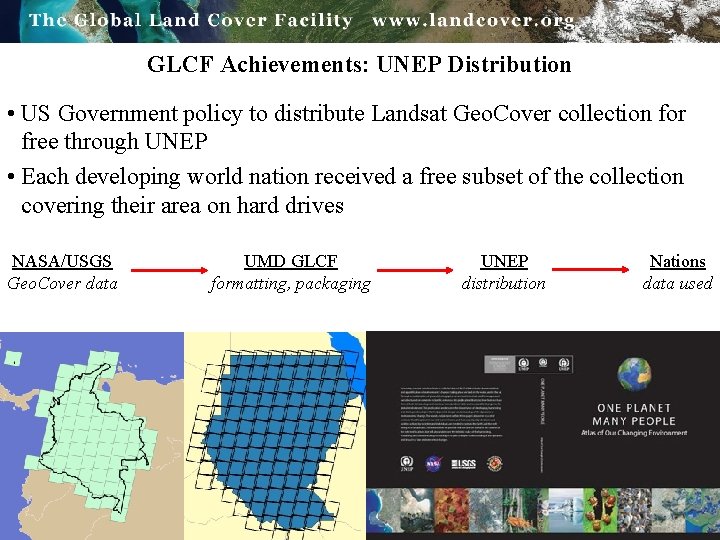 GLCF Achievements: UNEP Distribution • US Government policy to distribute Landsat Geo. Cover collection