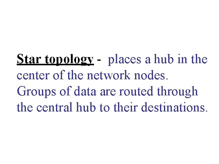 Star topology - places a hub in the center of the network nodes. Groups Star topology - places a hub in the center of the network nodes. Groups