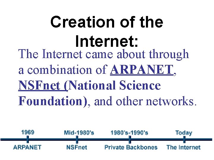 Creation of the Internet: The Internet came about through a combination of ARPANET, NSFnet Creation of the Internet: The Internet came about through a combination of ARPANET, NSFnet