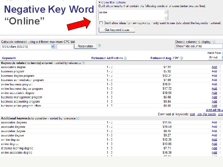 Negative Key Word “Online” 