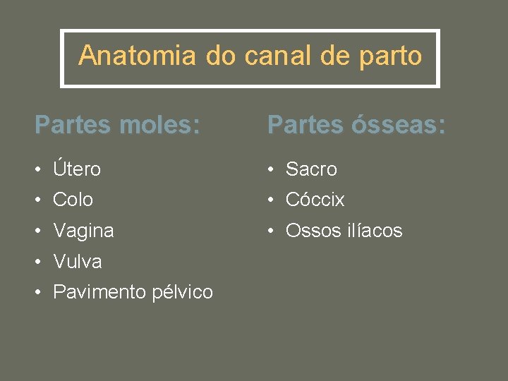 Anatomia do canal de parto Partes moles: Partes ósseas: • Útero • Sacro •