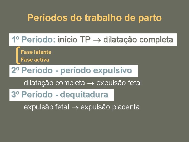 Períodos do trabalho de parto 1º Período: início TP dilatação completa Fase latente Fase