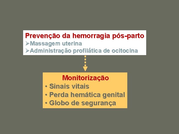 Prevenção da hemorragia pós-parto ØMassagem uterina ØAdministração profilática de ocitocina Monitorização • Sinais vitais