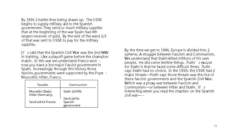 By 1936 2 battle lines being drawn up. The USSR begins to supply military