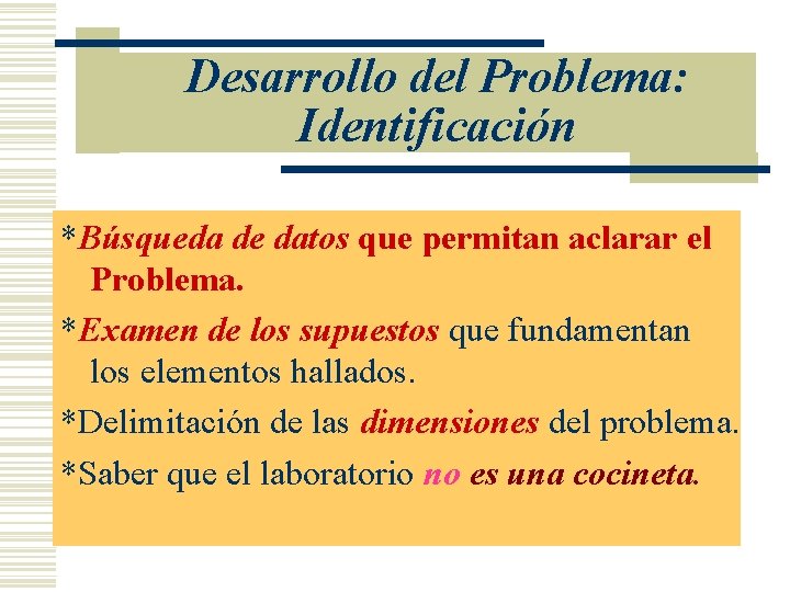 Desarrollo del Problema: Identificación *Búsqueda de datos que permitan aclarar el Problema. *Examen de